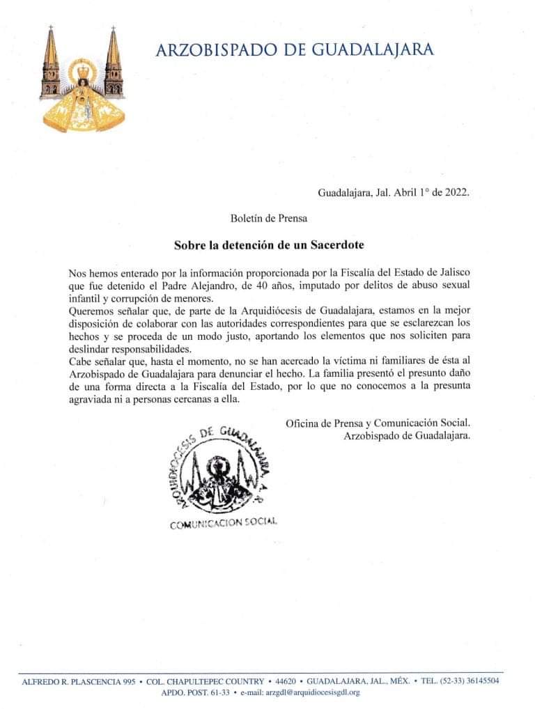 Mediante redes sociales, el Arzobispado de Guadalajara emitió su postura respecto a la denuncia contra el sacerdote. Foto: Especial. 