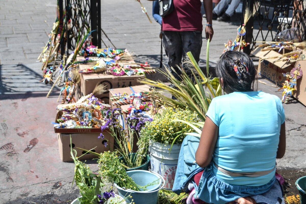 No faltaron las vendedoras de palmas para que los fieles pudieran unirse a la representación religiosa. Foto: Héctor Ruiz. 
