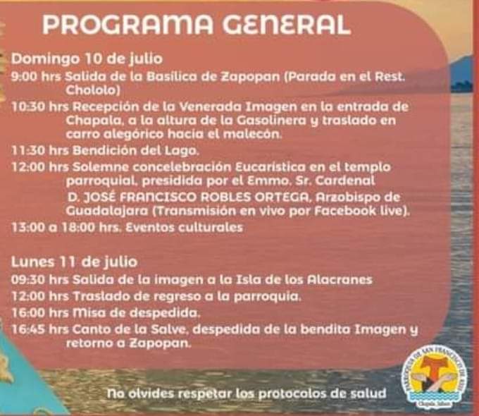 Programa de la visita 67 de la Virgen de Zapopan a Chapala. Foto: Facebook.
