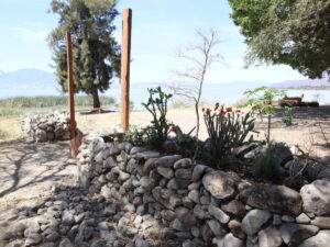 Ingreso al parque por uno de los laterales, con jardineras de piedra y un tronco para evitar el paso de vehículos grandes. Foto: Sofía Medeles.