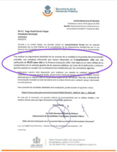 Reconocimiento otorgado por la Secretaría de la Hacienda Pública del Estado de Jalisco a Jocotepec. Foto. Cortesía.