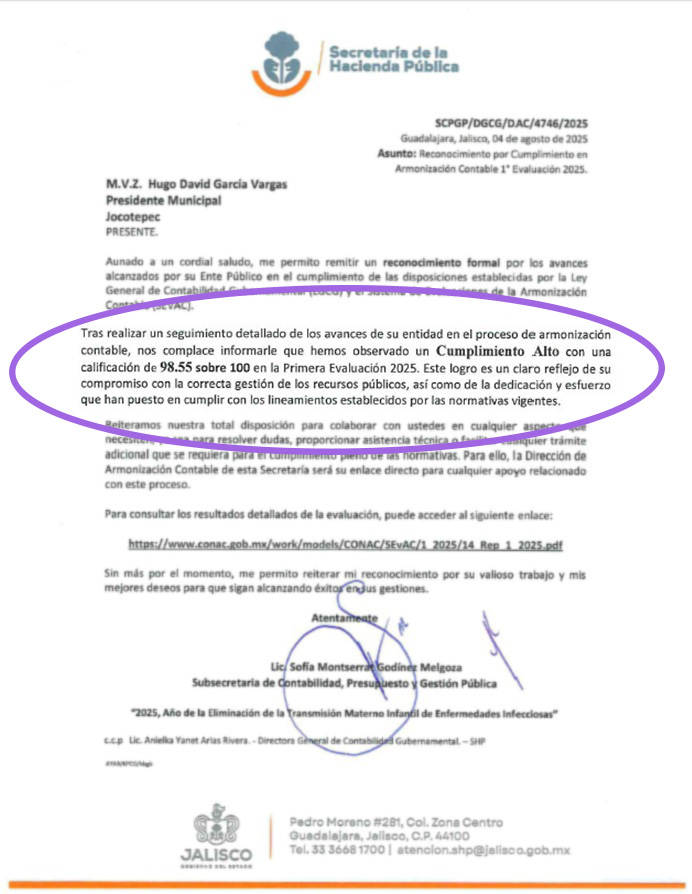 Reconocimiento otorgado por la Secretaría de la Hacienda Pública del Estado de Jalisco a Jocotepec. Foto. Cortesía.