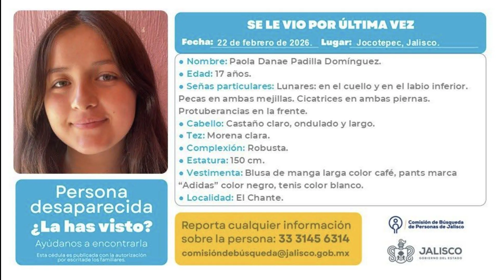 Ficha de búsqueda de Paola Danae Padilla Domínguez. Imagen: Comisión de búsqueda de personas desaparecidas.