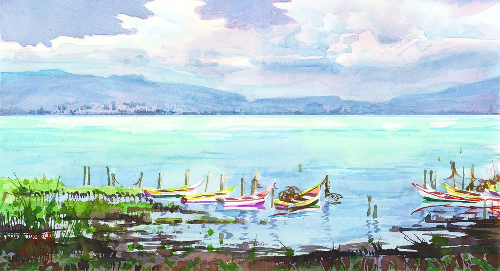 Embarcaciones tradicionales del lago de Chapala, captadas en acuarela por Jorge Monroy. Foto: cortesía.