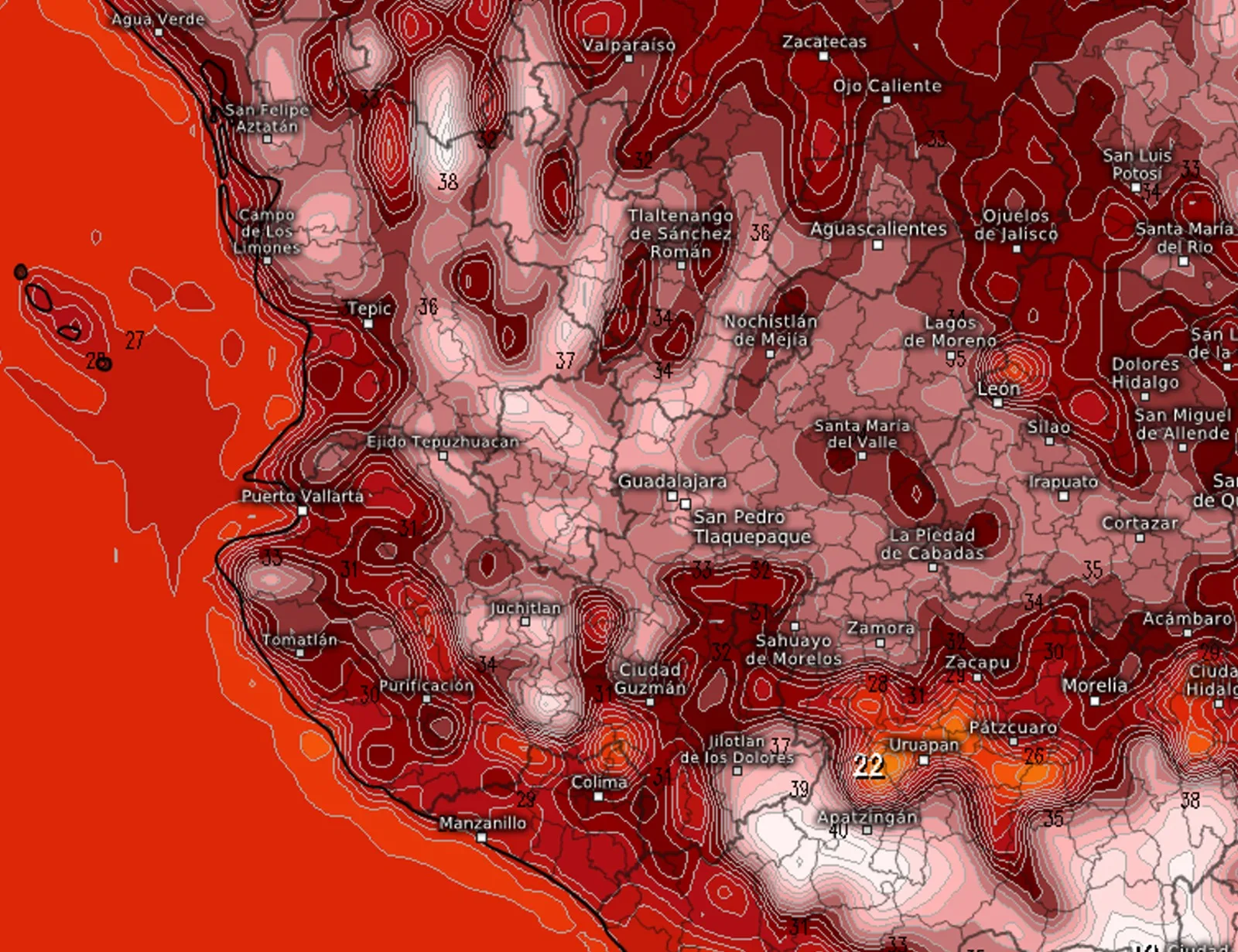 Mapa de monitoreo de temperaturas por parte de la unidad de Protección Civil y Bomberos de Jalisco. Autoridades advierten por el incremento de calor en el estado.