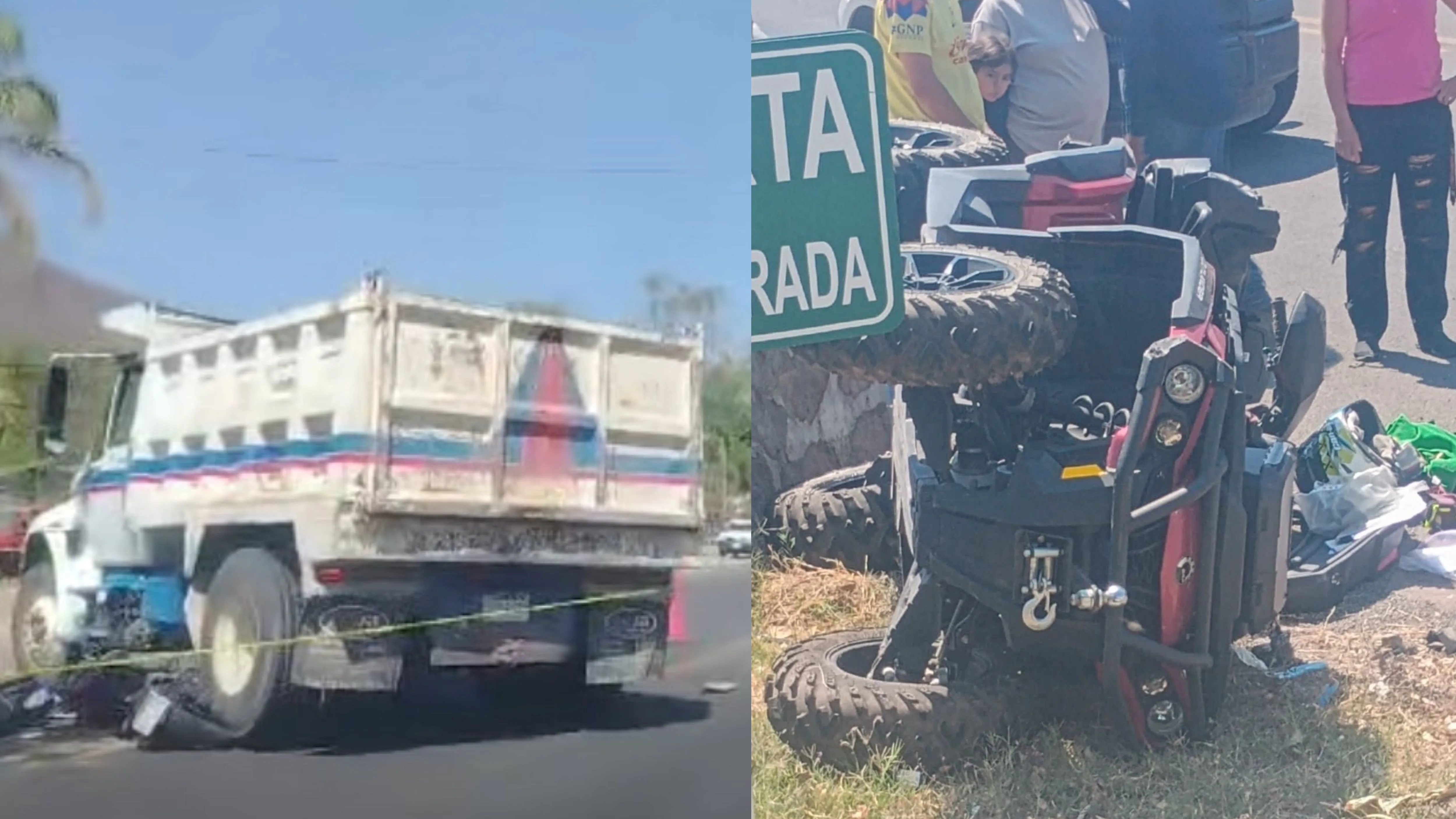 Accidentes viales en la zona: a la izquierda, la cuatrimoto siniestrada en San Juan Cosalá donde falleció el conductor; a la derecha, una motocicleta impactada contra un camión de volteo en la carretera Chapala-Jocotepec. Fotos: Cortesía.