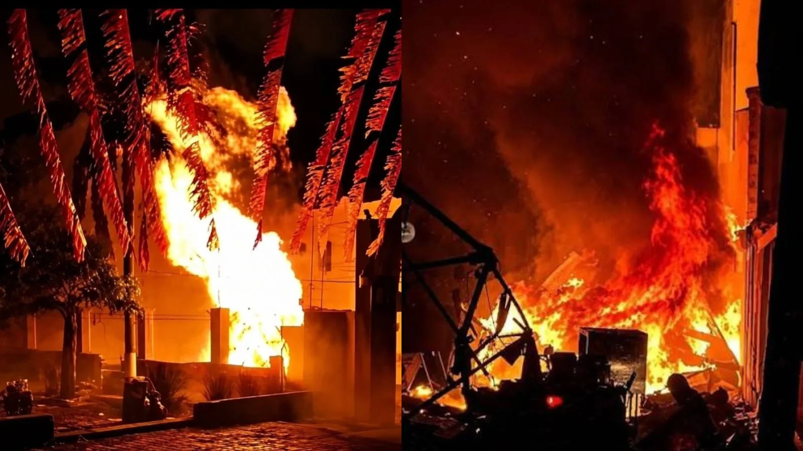 A la izquierda, zona donde se originó la explosión que dejó varias personas lesionadas; a la derecha, el fuego consumiendo puestos de comida en la plaza de Amatitán durante las fiestas locales. Foto: Cortesía.