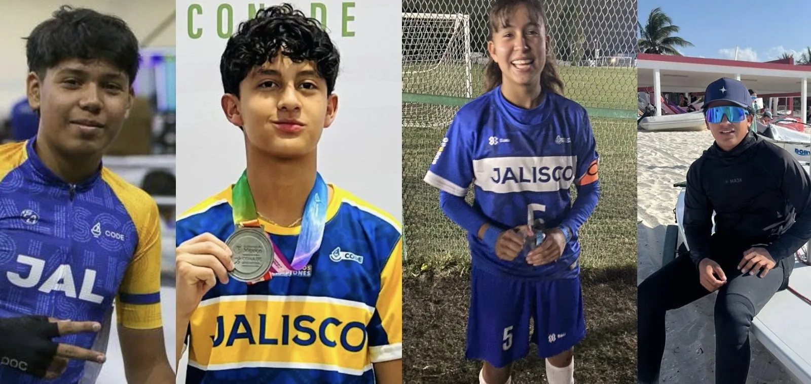 De izquierda a derecha: Tadeo Rayo (Jocotepec), Eloy Barragán (Chapala), Ellie Guízar (Chapala) y Emiliano Villaseñor (Ajijic), destacados atletas que han puesto en alto el nombre de la Ribera tras asegurar medallas en la Olimpiada Nacional 2026.