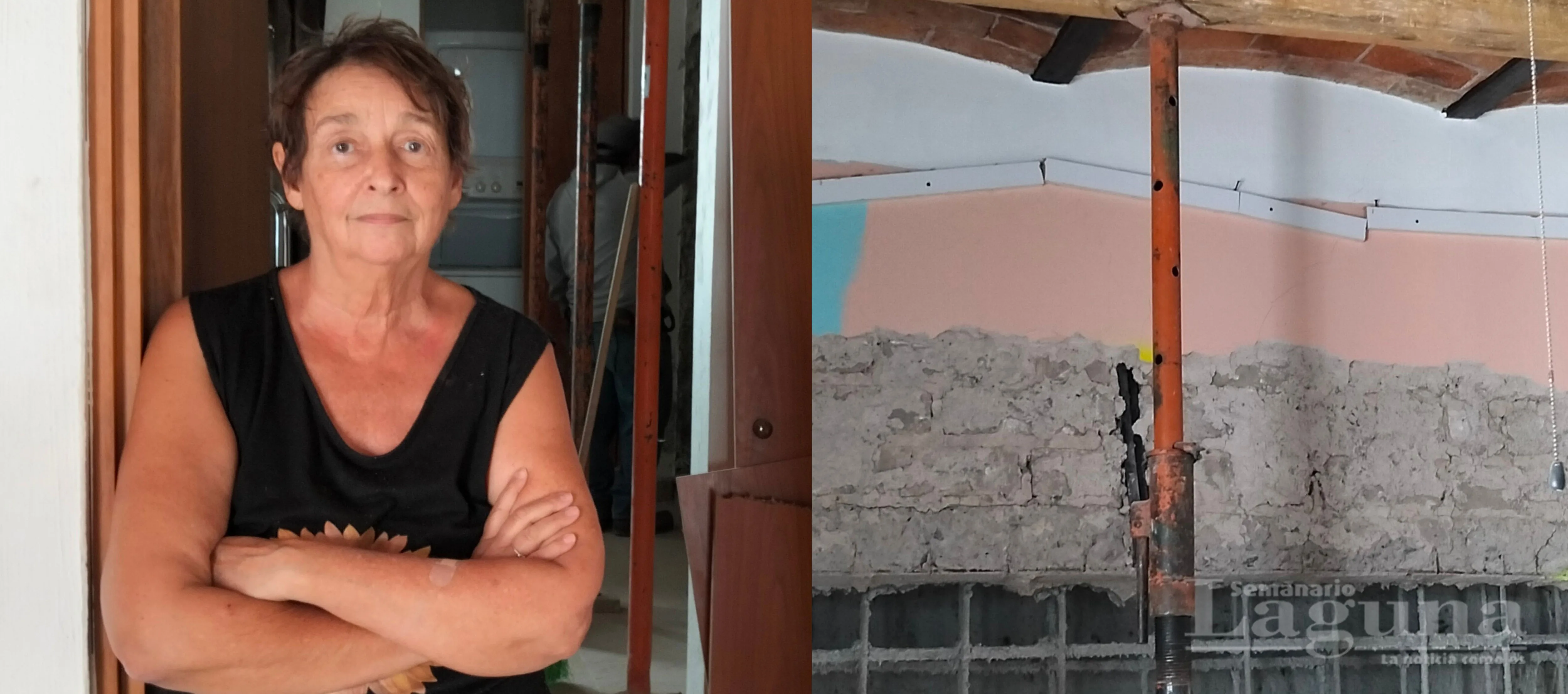 Lauda Lacayo Gilman (der.) al ingreso de la habitación afectada tras el colapso del muro. Al lado, la barda luego de ser reparada (Izq.) por el personal de obra en la escuela primaria. Foto: Armando Esquivel.