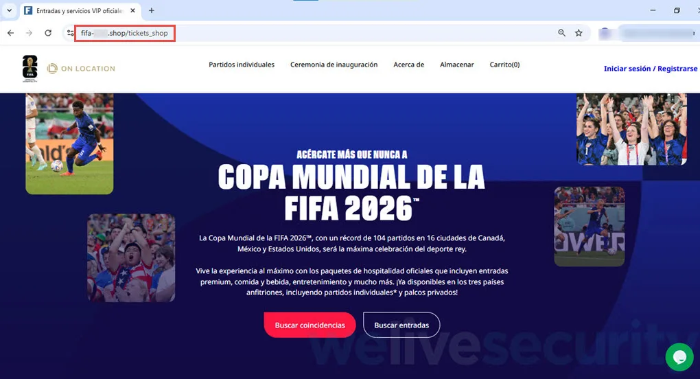 Ejemplo de una de las páginas web falsas utilizadas para clonar y simular la venta de boletos para la Copa del Mundo de la FIFA. Imagen: Welivesecurity.