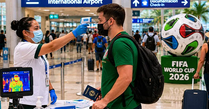 Una persona pasa por un filtro de prevención sanitaria en uno de los aeropuertos mexicanos. Foto: Grupocantonradio.