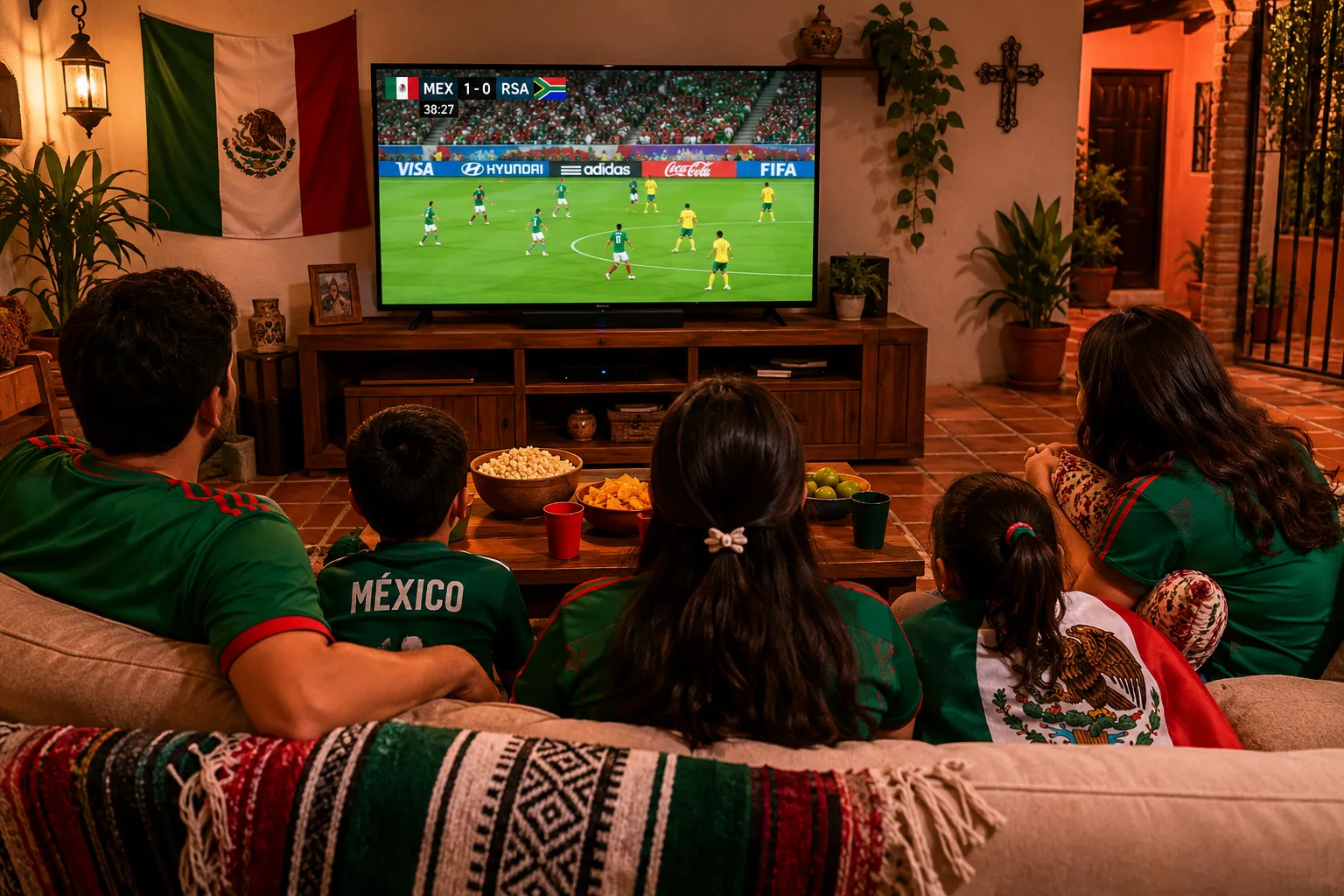 Una familia sintoniza un encuentro de la Selección Mexicana de Fútbol desde su hogar. Imagen generada por IA.