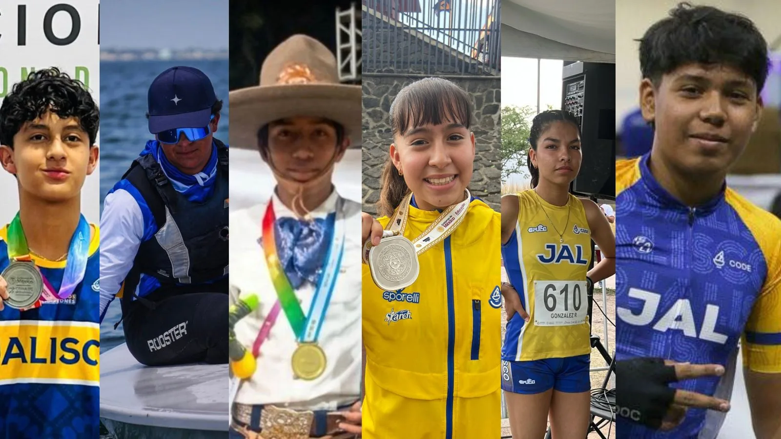 De izq. a der.: el escalador Eloy Barragán, el velerista de Ajijic Emiliano Villaseñor, el charro Iker Casillas, la futbolista Ellie Guízar, la atleta Mayte González y el ciclista Tadeo Rayo, todos medallistas de la ribera en la Olimpiada Nacional 2026.