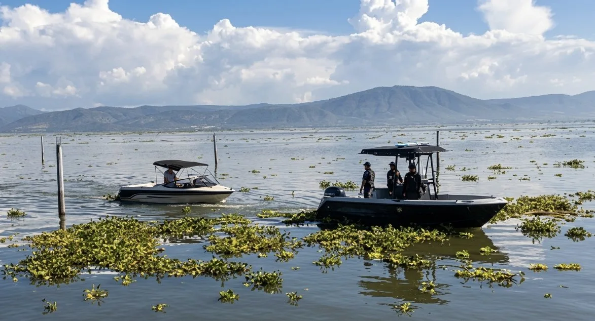 Embarcación varada en el lago de Chapala tras una falla mecánica, durante el rescate realizado por el Escuadrón Anfibio el 23 de julio. Foto: Cortesía.