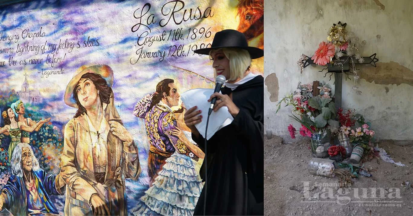 (derecha): Mural realizado en la fachada del panteón de Ajijic en homenaje a “La Rusa”. Foto 2 (izquierda): Espacio donde descansan los restos de Khyva St. Albans, “La Rusa”, dentro del panteón de Ajijic. Foto: María Di Paola.