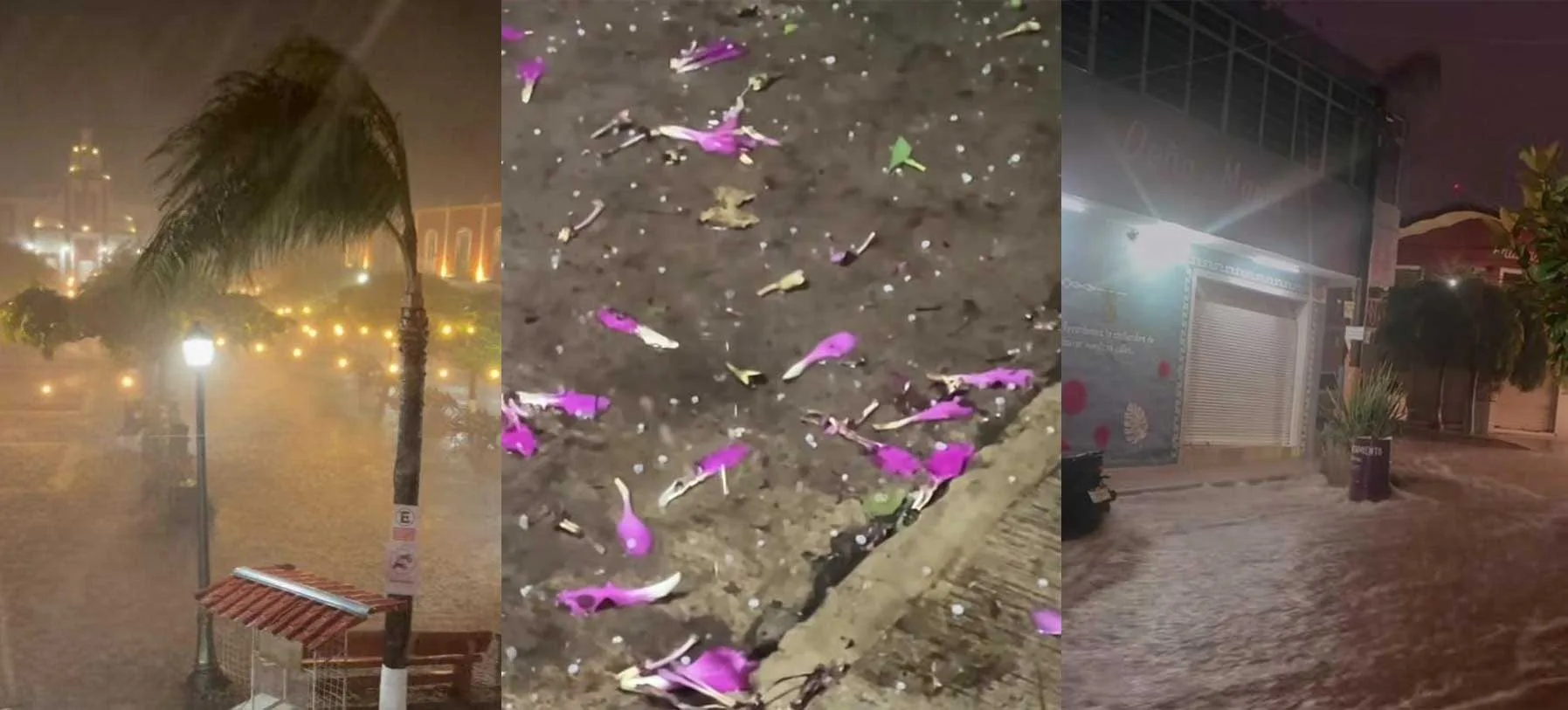 Aspectos de la lluvia registrada en Jocotepec: plaza principal durante la tormenta, granizo y una de las calles con encharcamientos. Fotos: Cortesía.