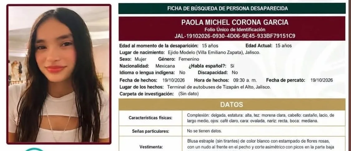 Ficha de búsqueda de Paola Michel Corona García. Imagen: Cortesía.